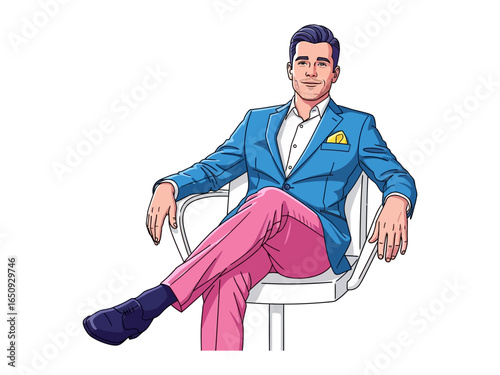 Stylish Pose: An elegantly dressed gentleman with a confident demeanor, in a stylish ensemble. The modern man sits with sophisticated posture.