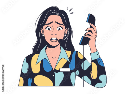 Stressed Telephone Support: A vector image illustrating a female customer service agent experiencing a stressful phone conversation.