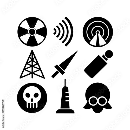 Collection of nine black vector icons including radiation signal tower sword and skull in a grid format