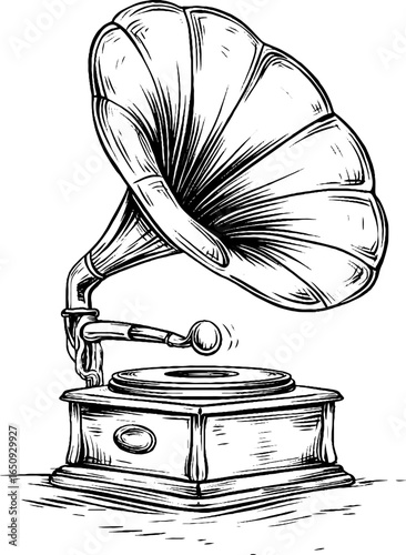 Vintage gramophone engraved illustration - retro music design for print or wall art