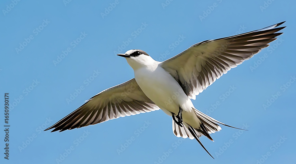 Obraz premium A graceful seabird soars against a clear blue sky.