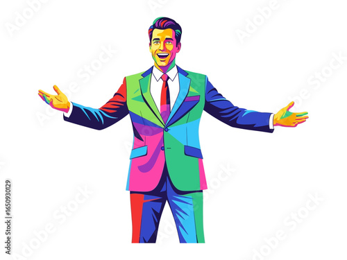 Vibrant Executive: A digitally rendered illustration of a stylish executive, radiating confidence and charisma, poised in a welcoming stance, representing business success.
