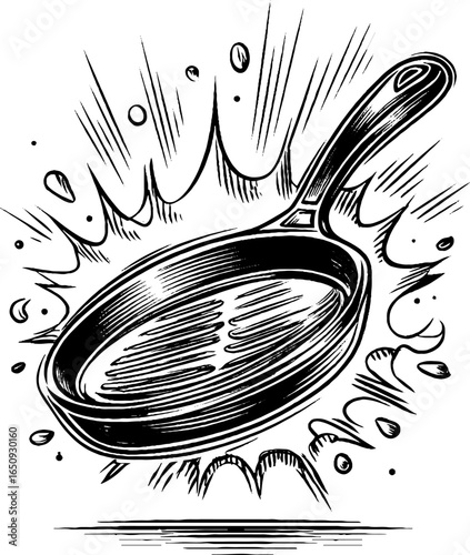 Vintage engraved illustration of grill pan with bold black design for culinary decor