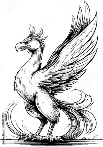 black and white phoenix standing, detailed art clip art preview