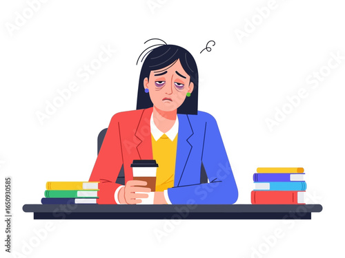 Drained at the Desk: An exhausted figure, slumped at a desk laden with books, clutching a coffee, embodies the weight of pressure and stress, showcasing the daily struggles of modern life.