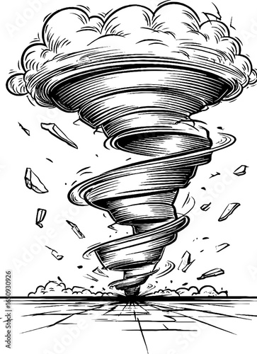 Intricate hand engraved hurricane illustration with dynamic swirling clouds and debris