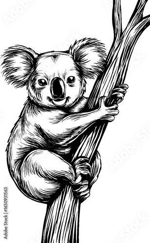 Engraved illustration of koala on tree branch - vintage wildlife art for nature lovers