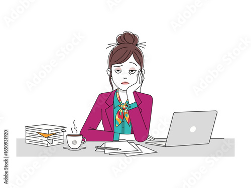 Weariness at the Desk: A woman with an exhausted expression sits at her desk with a cup of coffee, papers, and a laptop. The image evokes the monotony of work and stress. 
