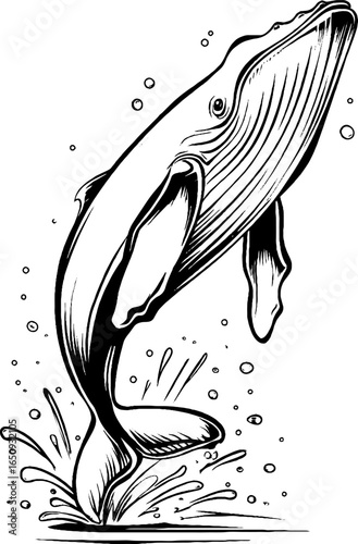 Majestic leviathan silhouette: hand drawn engraving for retro design and decor