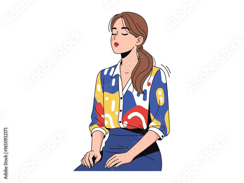 Serene Posture: A calm woman with closed eyes. she sits in relaxation, radiating peace and serenity in this illustration.