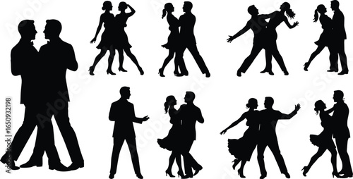 Elegant dancing couples silhouettes in various ballroom dance poses, formal attire, romantic partner dance, vector illustration set