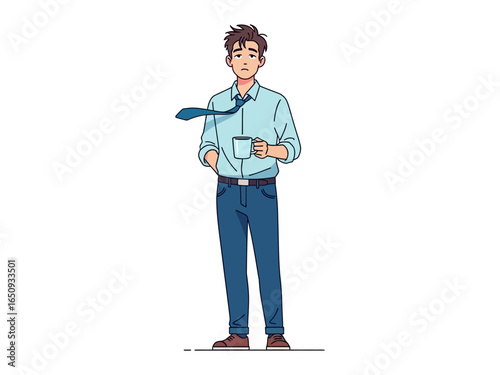 Tired Businessman with Coffee: A weary businessman, clutching a coffee cup, embodies the daily grind's demands.