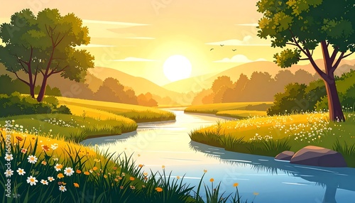 Sunset River Valley Landscape.