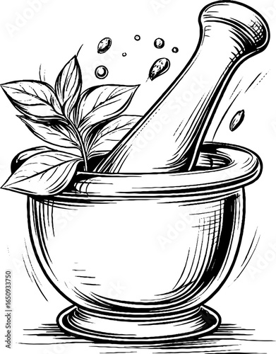 Vintage engraved illustration of mortar and pestle with herbs for apothecary design