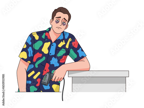 Overwhelmed: Depicting a man who appears completely exhausted while grasping an iron, showcasing his state of mind.
