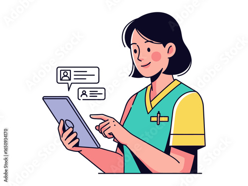 Digital Communication: A digital illustration showing a person deeply engaged with a tablet device, tapping the screen to access and share digital information, highlighting modern communication.