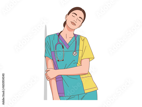 Nurse in a Moment of Serenity: A healthcare professional, dressed in scrubs, finds a moment of peace and tranquility, leaning against a wall with eyes closed, depicting rest, self-care.