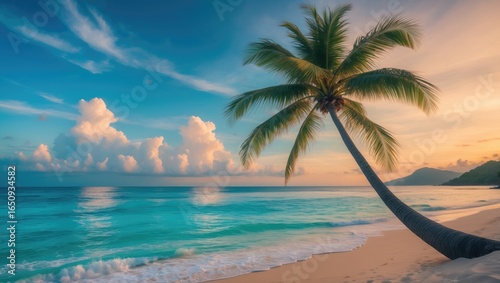 Fototapeta Naklejka Na Ścianę i Meble -  Tropical beach with palm tree, gentle waves, blue sky, and clouds during sunset or sunrise. Relaxing seaside scene.