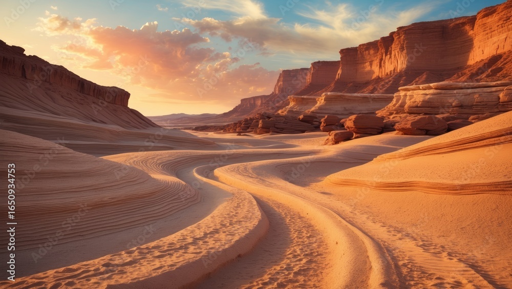 Fototapeta premium Desert canyon landscape with winding sandy path, cliffs, and rock formations during sunset. Natural desert scenery with vibrant sky and layered terrain.