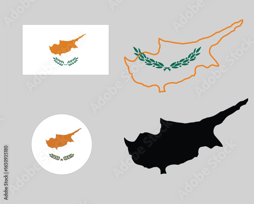 rectangle and wavy cyprus flag,map of cuprus,black outline of cyprus.