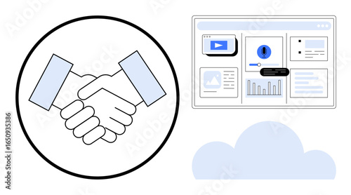 Handshake symbolizing partnership next to a cloud and dashboard with charts, videos, and data insights. Ideal for teamwork, collaboration, business, technology, innovation, networking simple flat