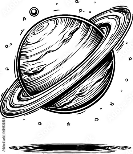 Detailed engraved illustration of planet jupiter with rings in black and white for retro design