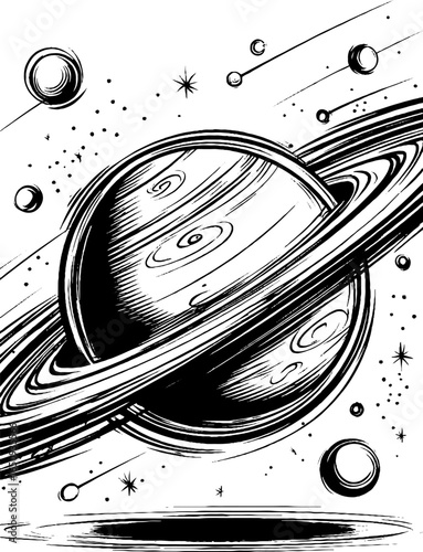 Vintage hand-drawn engraving of planet jupiter with moons in space