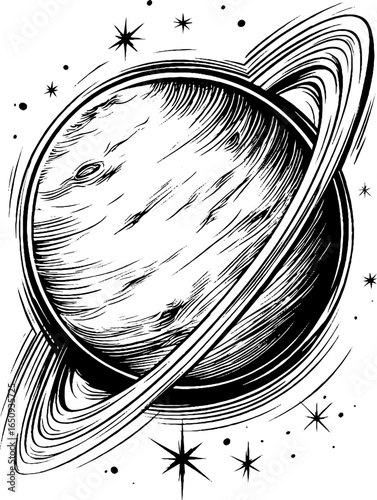 Vintage engraved illustration of planet venus silhouette with rings and stars