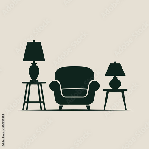  Furnishing Abundance: Modern illustration of a assortment of comfortable armchairs and sofas alongside table lamps with elegant simplicity.