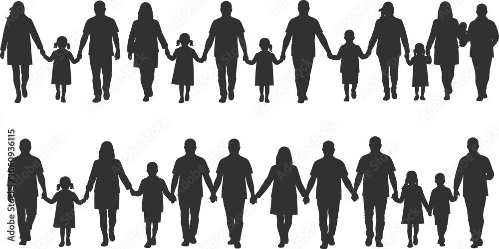 Obraz premium Extended Family Silhouettes Holding Hands Walking Together, Parents and Children Unity, Vector Illustration for Love, Community, Parenting, and Lifestyle