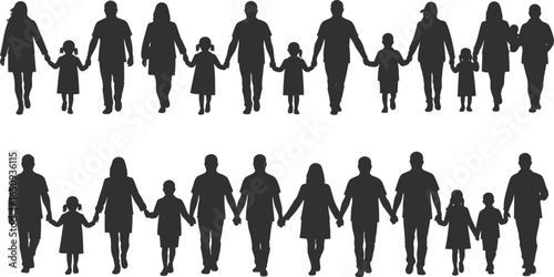 Extended Family Silhouettes Holding Hands Walking Together, Parents and Children Unity, Vector Illustration for Love, Community, Parenting, and Lifestyle
