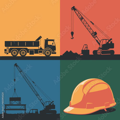  Construction Silhouette: A graphic arrangement of construction vehicles and a hard hat in a collage, demonstrating the work involved in construction and projects.