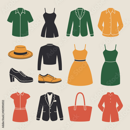 Fashion Essentials Silhouettes: A curated selection of iconic silhouettes showcasing essential clothing and accessories, rendered in a minimalist style for versatile design applications.	
