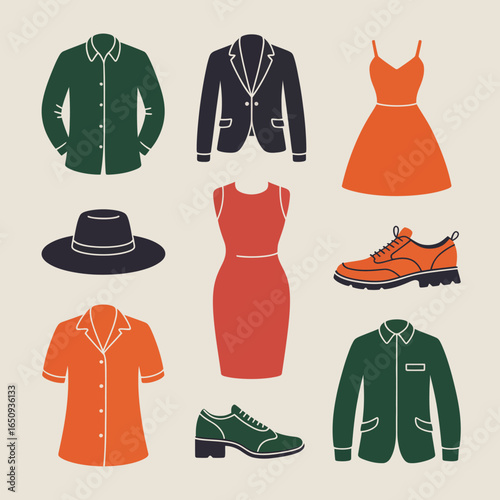 Fashion Essentials Silhouettes: A curated selection of iconic silhouettes showcasing essential clothing and accessories, rendered in a minimalist style for versatile design applications.	
