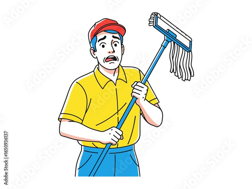 Exhausted Cleaning Staff : An illustration depicts an weary cleaning staff member grappling with a mop, encapsulating the everyday demands of keeping spaces immaculate. 