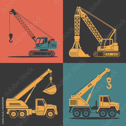  Construction Silhouette: A graphic arrangement of construction vehicles and a hard hat in a collage, demonstrating the work involved in construction and projects.