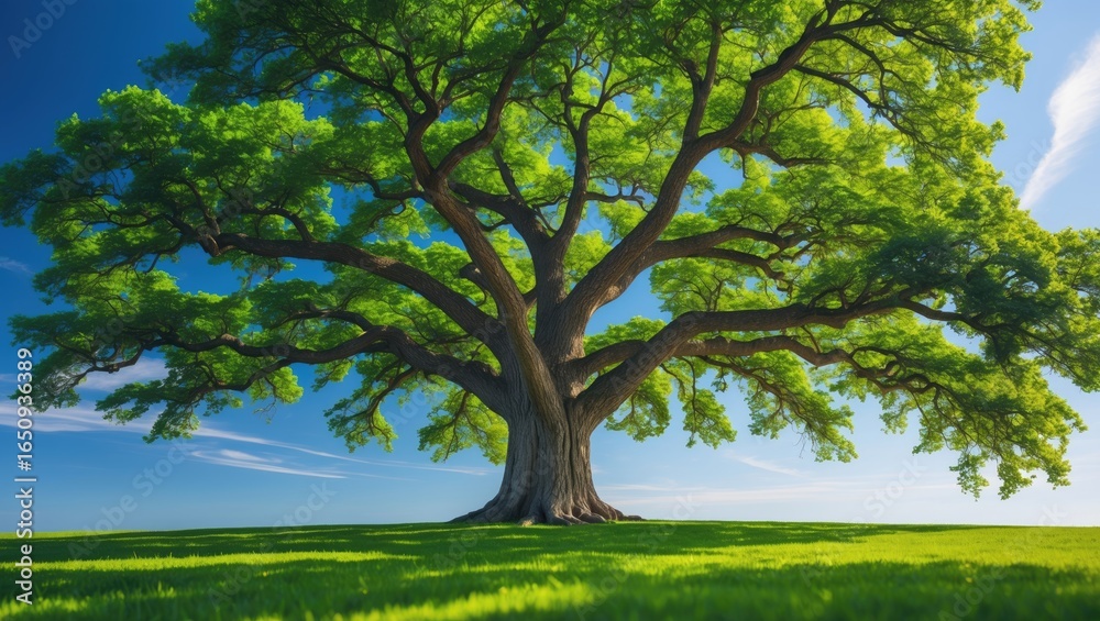 Fototapeta premium A large, lush tree standing in a green field under a blue sky with white clouds.