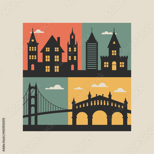 Cityscape Silhouettes: An artful collection of cityscape silhouettes. From majestic buildings to iconic bridge, set against colorful, gradient circles. This image exudes a sense of urban charm.