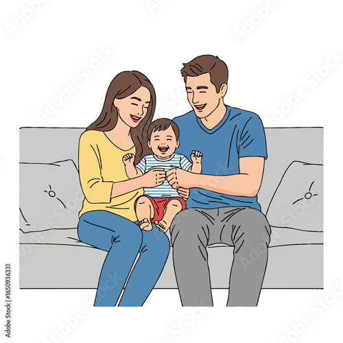 Happy Family Moment with Parents and Child Sitting on Sofa Together, vector illustration