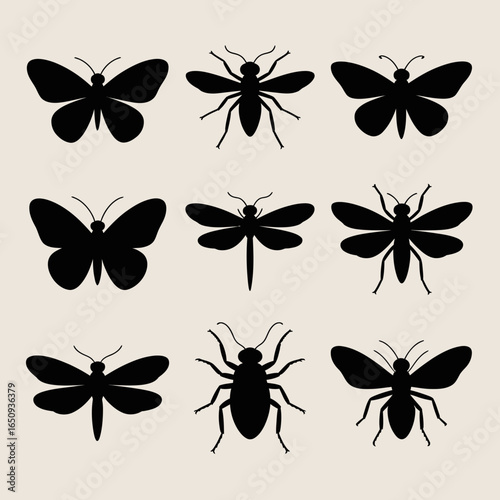 2d vector illustration art Flying insects, butterflies, and beetles
