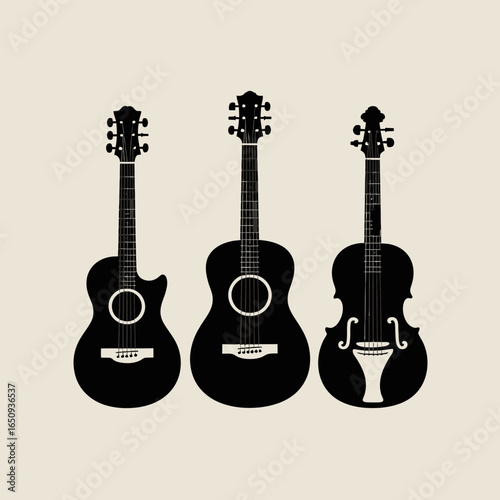 Harmonic Symphony: A collection of guitars and instruments harmoniously arranged, representing musical diversity, with elegant design, simple lines and inviting composition.
