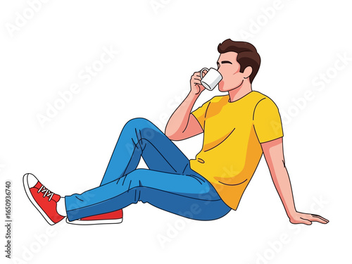 Relaxing Moment: A relaxed man enjoys a peaceful moment while seated, taking a refreshing drink, embodying leisure and serenity.