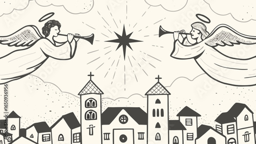 Angels blowing trumpets above a town with churches under a shining star in a monochrome illustration silhouette
