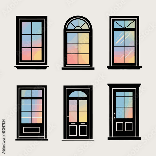 Architectural Ensemble: A minimalist collection of windows and doors, meticulously illustrated with clean lines and inviting geometry, presenting a geometry, presenting a classic and contemporary 