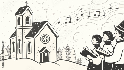 Illustration of a church in winter with a choir singing christmas carols and musical notes above it silhouette