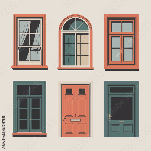 Architectural Ensemble: A minimalist collection of windows and doors, meticulously illustrated with clean lines and inviting geometry, presenting a geometry, presenting a classic and contemporary 