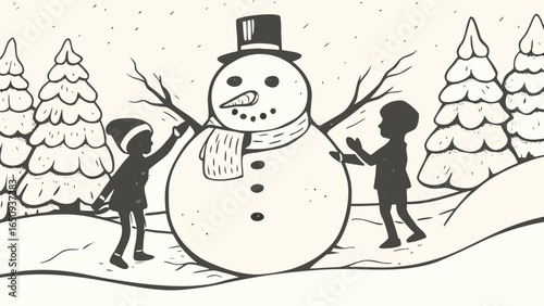 Two children building a snowman with a top hat in a winter scene with trees and snow covered ground silhouette