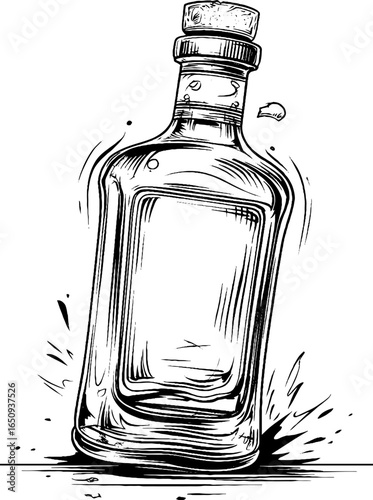 Vintage engraved illustration of rum bottle with cork for design and labeling projects