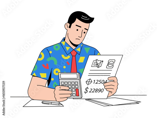 Financial Burden: A contemplative individual grapples with financial documents, a calculator in hand, depicting a scene of concern and economic analysis. 