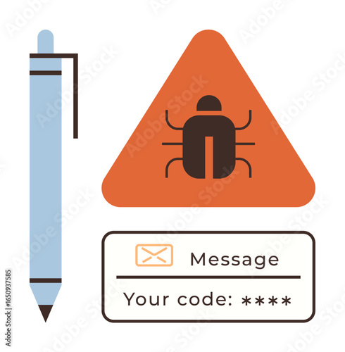 Triangular warning with bug, email message containing secure code, and pen suggesting cybersecurity risks. Ideal for warning, hacking, phishing, cyberattack, coding alertness online safety. Simple